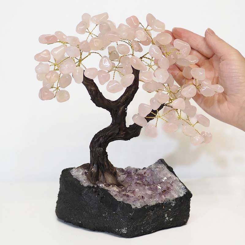 Rose Quartz Gemstone Bonsai Tree On Amethyst Cluster 24 Branches For ...