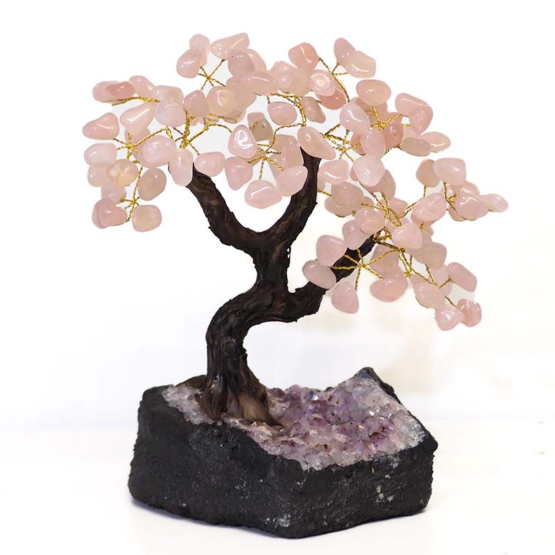 Buy Rose Quartz Gemstone Bonsai Tree on Amethyst Cluster 20cm