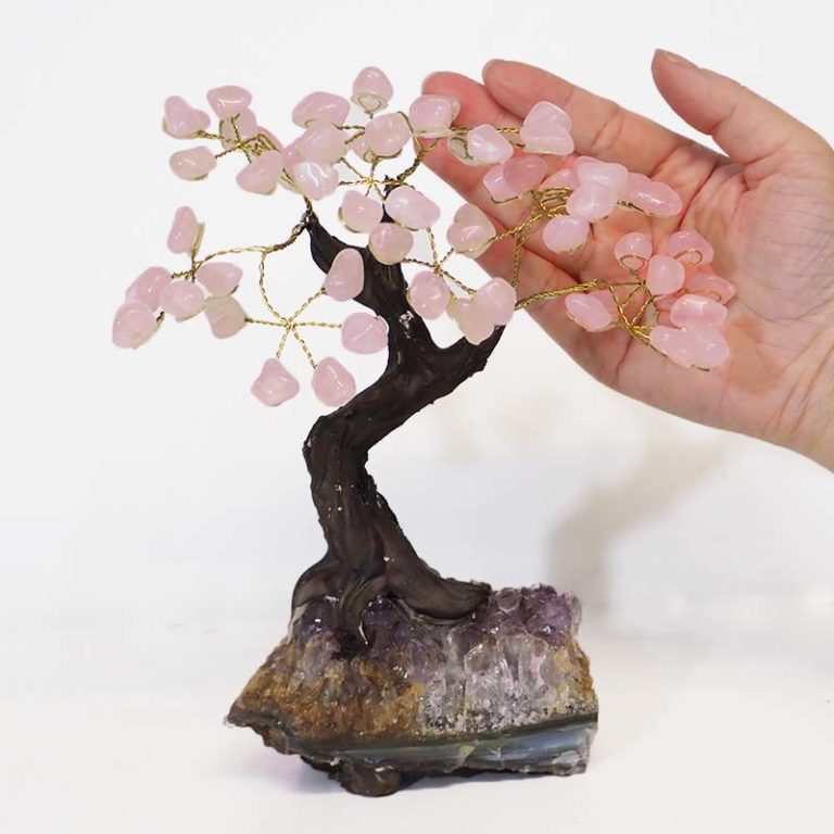 Rose Quartz Gemstone Bonsai Tree On Amethyst Cluster 12 Branches For ...