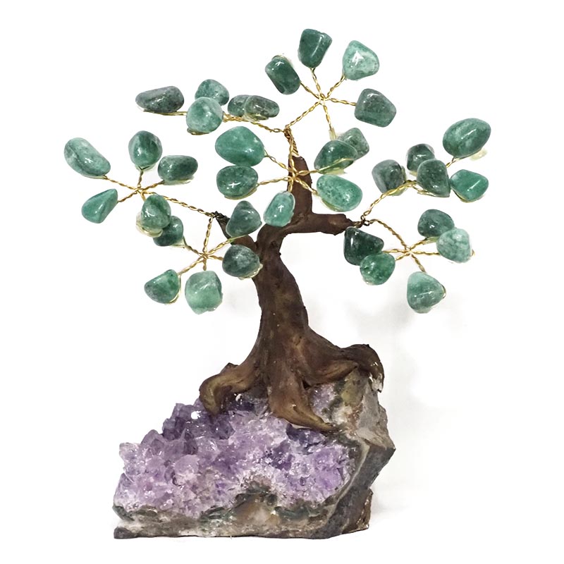 Green Quartz Gemstone Bonsai Tree On Amethyst Cluster 7 Branches For ...